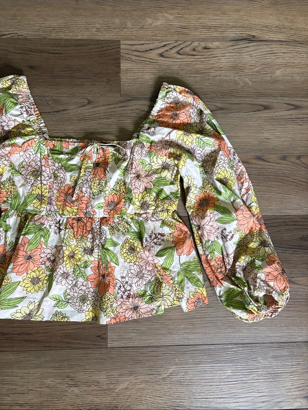 J. Crew Floral Square-Neck Peplum Blouse in White, Orange, Green